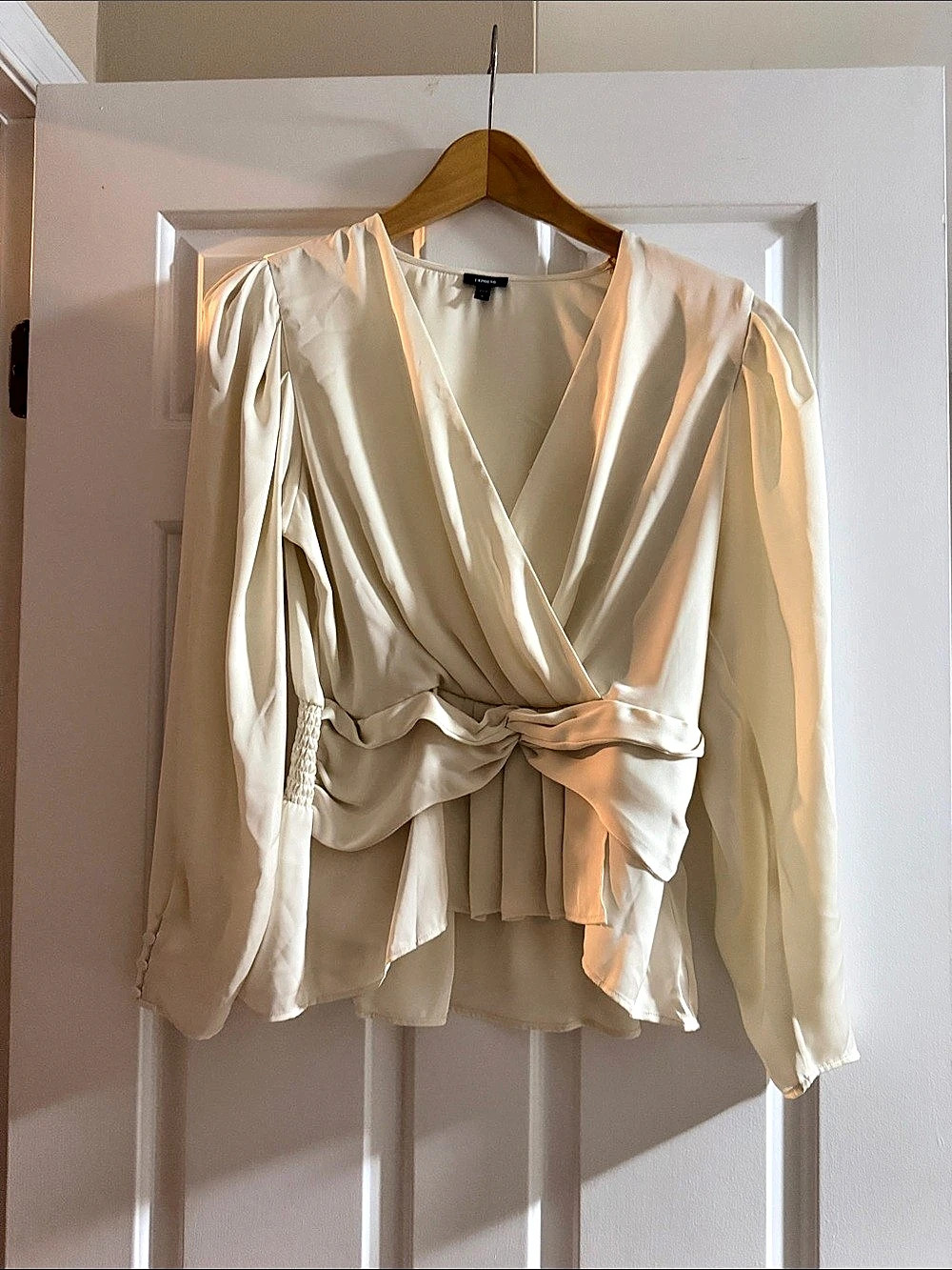 Express Satin Puff Shoulder Draped Faux Wrap Peplum Top White Medium